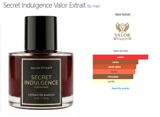 VALOR - SECRET INDULGENCE Secret Indulgence by Valor Extrait is a fragrance for men. This is a new fragrance. Secret Indulgence was launched in 2026. The nose behind this fragrance is John David San Andres. Top notes are Vanilla and Berries; middle notes are Chocolate and Cacao; ba