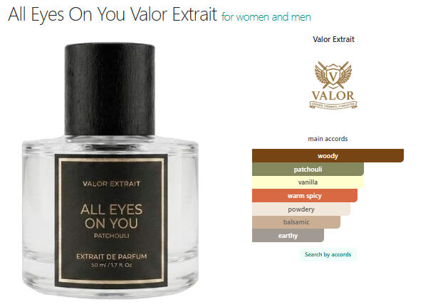 All Eyes On You by VALOR is a unisex extrait fragrance described as clean, soft, and understated. It combines a fresh, polished impression with floral and musky nuances, while the note structure centers on vanilla in the opening, patchouli in the heart, an