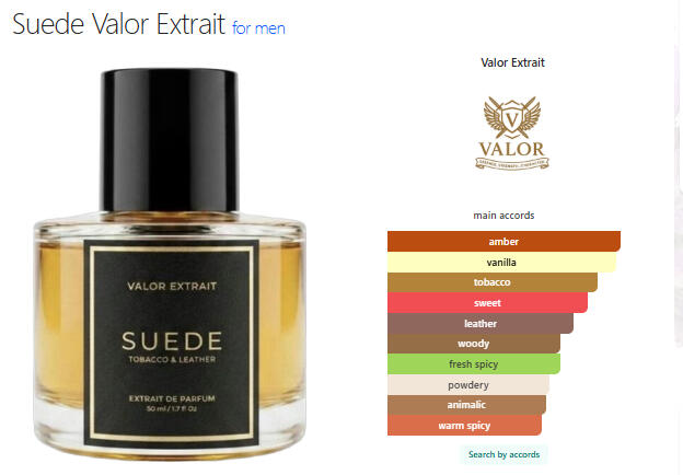 Suede by Valor Extrait is a fragrance for men. This is a new fragrance. Suede was launched in 2026. The nose behind this fragrance is John David San Andres. Top notes are Nutmeg, Spices and Citrus; middle notes are Tobacco Leaf, Leather and Vetiver; base n